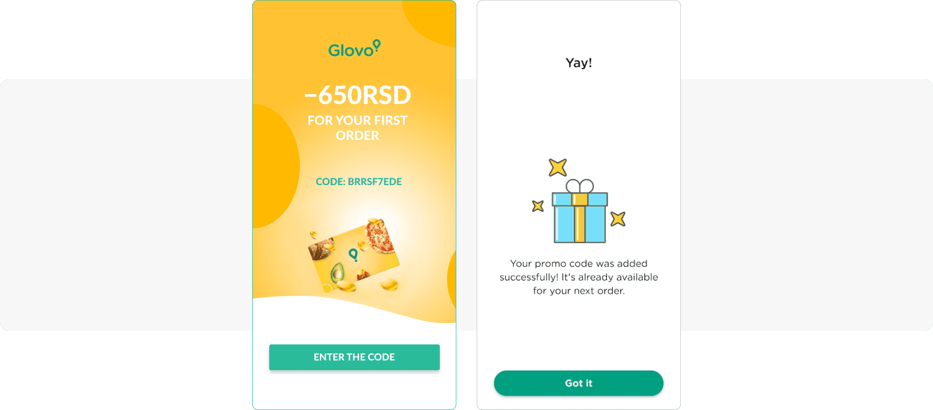 Message with a discount for the first order to activate users - Glovo food delivery app