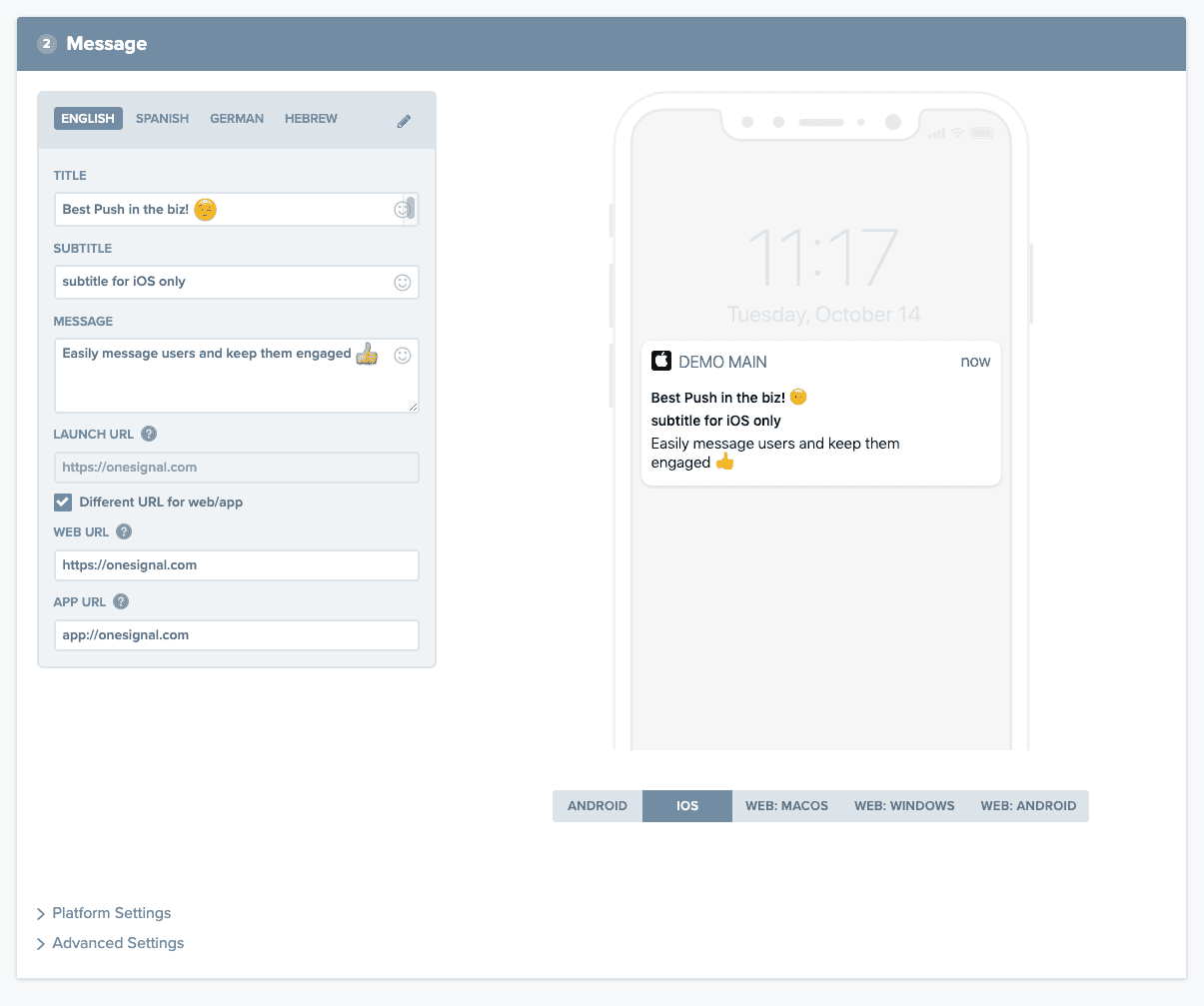 OneSignal mobile push notifications editor