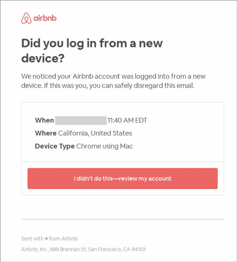 Airbnb security alert email