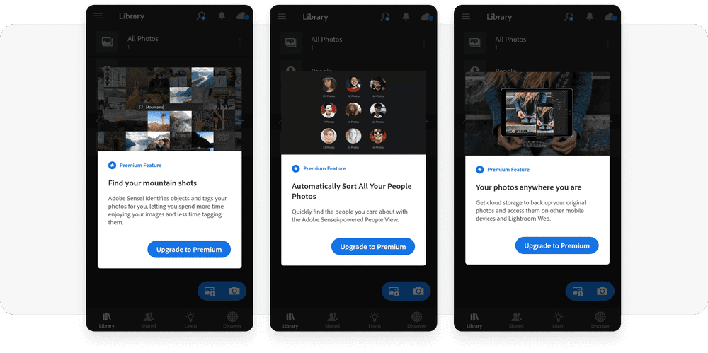 Feature adoption in-app examples Lightroom