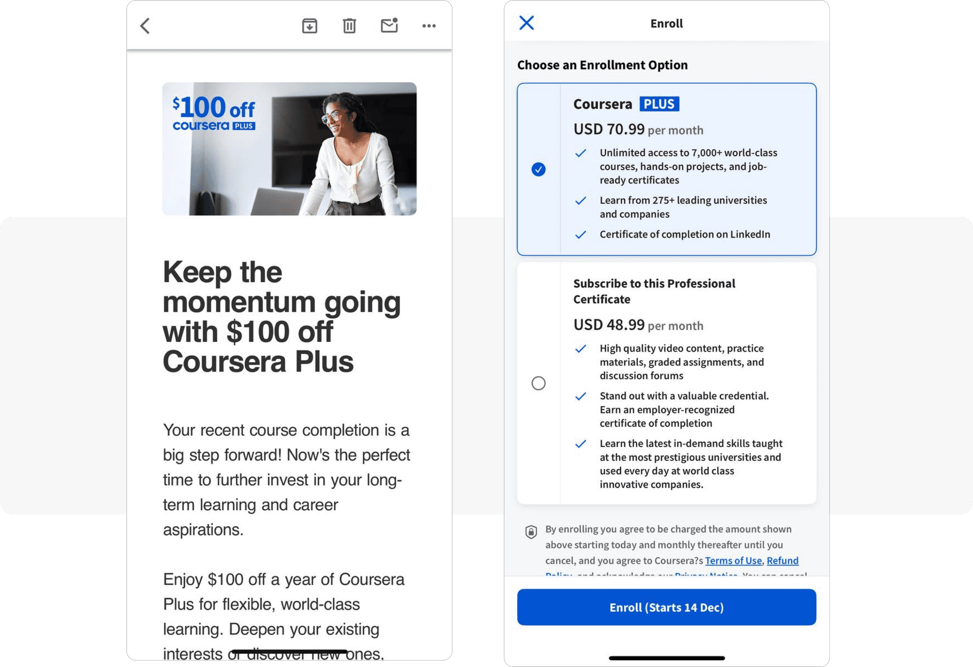 Coursera upselling email example